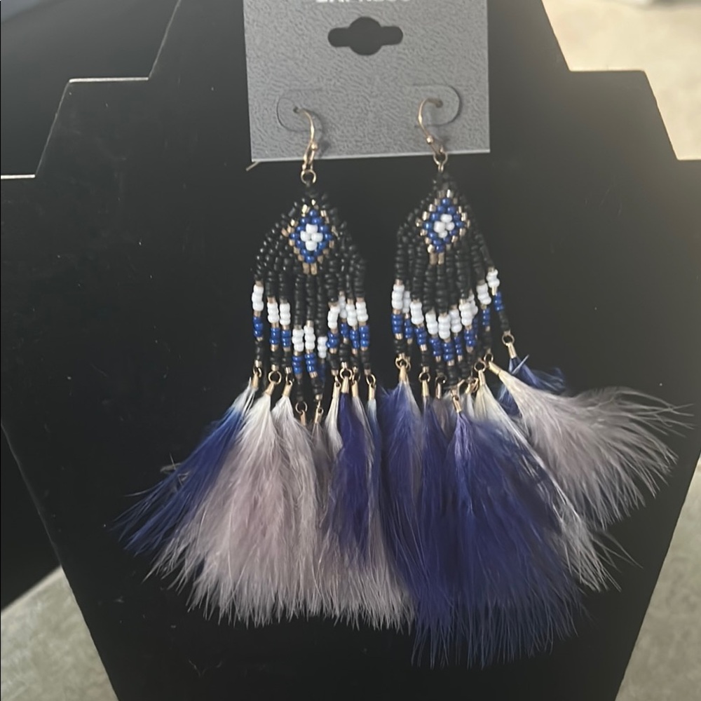 Express Black and Blue Earrings with Feather and Crystal Accents